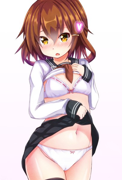Anime picture 677x1000 with kantai collection ikazuchi destroyer ebi 193 single tall image looking at viewer blush fringe short hair open mouth light erotic simple background brown hair white background yellow eyes pleated skirt cameltoe skirt lift girl thighhighs