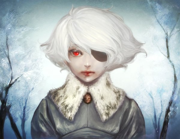 Anime picture 1050x814 with original sheena (pixiv) single red eyes white hair lips girl plant (plants) tree (trees) eyepatch winter clothes