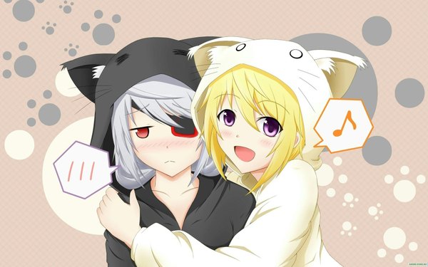 Anime picture 1920x1200 with infinite stratos 8bit charles dunois laura bodewig long hair looking at viewer blush highres open mouth blonde hair smile red eyes wide image purple eyes multiple girls animal ears silver hair grey hair cat ears girl
