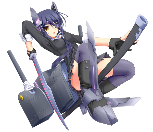Anime picture 1200x1036 with kantai collection tenryuu light cruiser shouyan single short hair open mouth yellow eyes blue hair full body transparent background girl thighhighs hair ornament weapon sword necktie boots katana eyepatch