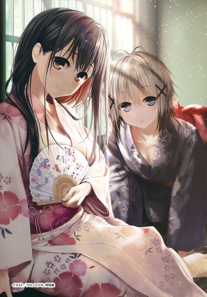 Anime picture 2734x3922 with re:lief kurono mitsuki long hair tall image looking at viewer highres short hair black hair multiple girls brown eyes traditional clothes japanese clothes grey hair scan grey eyes girl 2 girls kimono fan
