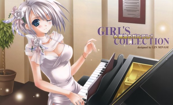 Anime picture 4952x3015 with minase lin highres short hair breasts blue eyes light erotic wide image cleavage white hair girl piano