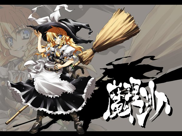 Anime picture 1024x768 with touhou kirisame marisa matsuno canel long hair blue eyes blonde hair braid (braids) wallpaper witch broom riding girl hat witch hat broom