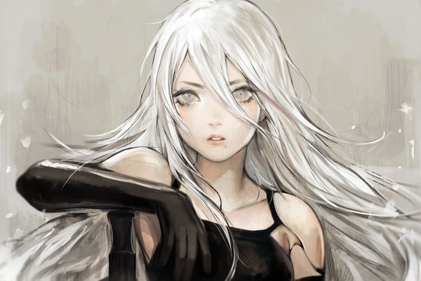 Anime picture 1381x923 with nier nier:automata yorha type a no. 2 viorie single long hair looking at viewer fringe hair between eyes bare shoulders silver hair upper body parted lips wind lips realistic grey background mole grey eyes mole under mouth