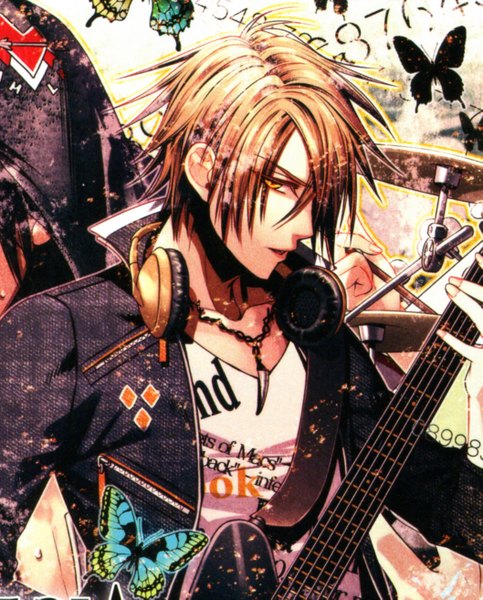 Anime picture 2113x2625 with amnesia idea factory toma (amnesia) single tall image looking at viewer highres short hair blonde hair yellow eyes profile scan inscription boy headphones insect butterfly guitar number (numbers) electric guitar