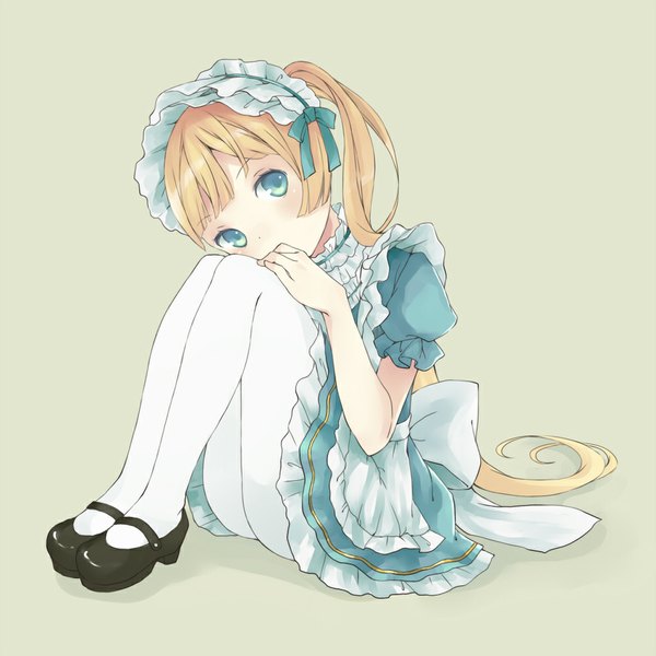Anime picture 1000x1000 with original aquariumtama single long hair looking at viewer simple background blonde hair green eyes girl dress bow pantyhose shoes headdress white pantyhose