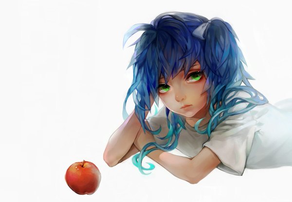 Anime picture 1500x1039 with utau ryone yami tagme (artist) single long hair simple background white background twintails green eyes blue hair lying girl t-shirt fruit apple