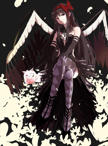 Anime picture 1400x1900 with mahou shoujo madoka magica shaft (studio) akemi homura kyuubee akuma homura ghost (ghost528) single long hair tall image looking at viewer black hair simple background bare shoulders payot cleavage full body light smile shadow from below crossed legs