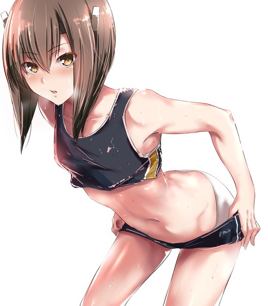 Anime picture 930x1061 with kantai collection taihou armored aircraft carrier tai (nazutai) single tall image looking at viewer blush fringe short hair open mouth light erotic simple background hair between eyes brown hair standing white background bare shoulders brown eyes bare belly bare legs