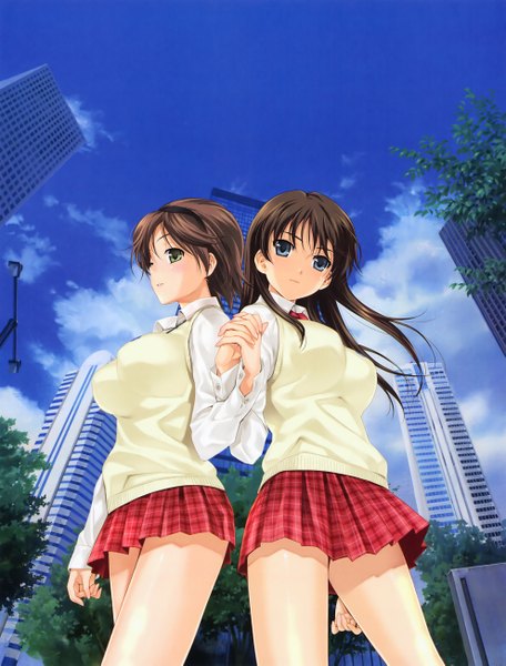 Anime picture 1979x2601 with zettai shougeki platonic heart iseshima aya honma natsume happoubi jin long hair tall image highres short hair blue eyes black hair multiple girls green eyes girl skirt uniform 2 girls school uniform miniskirt hairband building (buildings)