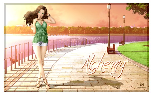 Anime picture 4800x3000 with original thenightwishmaster single long hair looking at viewer blush highres brown hair green eyes absurdres lips legs sleeveless evening sunset girl shorts pendant short shorts clock