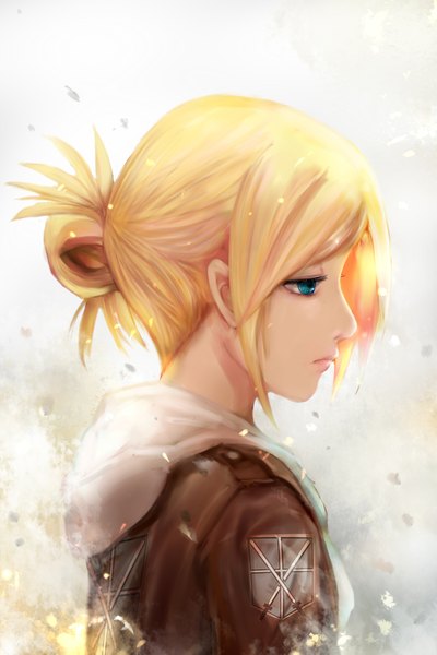 Anime picture 1200x1800 with shingeki no kyojin production i.g annie leonhart zhang xiao bo single tall image short hair blue eyes blonde hair looking away upper body profile girl jacket