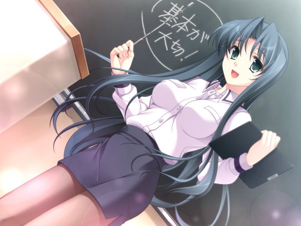 Anime picture 1600x1200 with tasogare no saki ni noboru ashita odawara hakone long hair open mouth blue eyes black hair game cg teacher girl skirt miniskirt shirt