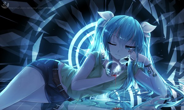 Anime picture 2000x1200 with vocaloid hatsune miku qys3 single long hair highres wide image twintails lying aqua eyes aqua hair tattoo watermark on side girl ribbon (ribbons) hair ribbon shorts bracelet t-shirt
