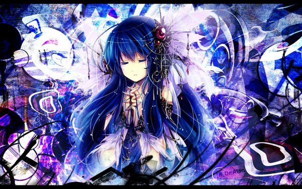 Anime picture 1920x1200 with original hagiwara rin single long hair fringe highres wide image blue hair eyes closed nail polish fingernails girl hair ornament detached sleeves thread