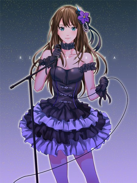 Anime picture 729x967 with idolmaster idolmaster cinderella girls shibuya rin wankai single long hair tall image looking at viewer blush brown hair standing bare shoulders holding cleavage aqua eyes inscription short sleeves character names gradient background dark background