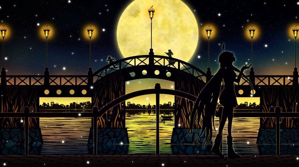 Anime picture 2364x1330 with original vocaloid ia (vocaloid) harada miyuki highres wide image multiple girls ahoge very long hair profile gradient background city running girl boy 2 girls boots moon star (stars) full moon