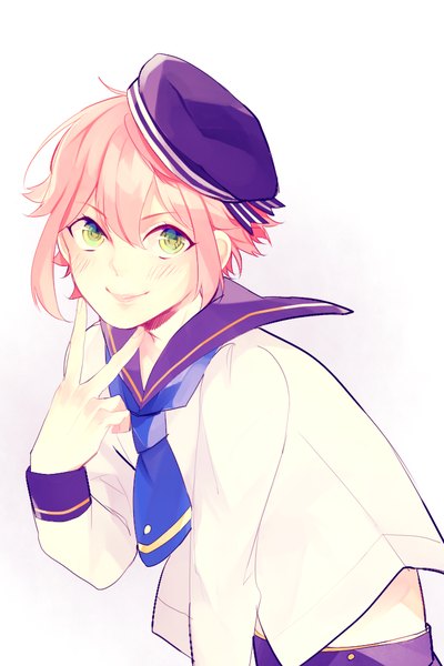Anime picture 700x1050 with ensemble stars! himemiya touri nachie single tall image looking at viewer blush fringe short hair simple background smile hair between eyes white background green eyes pink hair victory boy beret sailor suit
