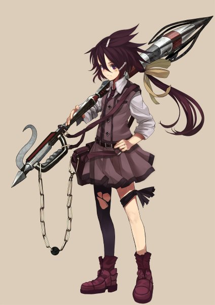 Anime picture 1701x2406 with original shirabi single long hair tall image looking at viewer blush highres simple background brown hair pink eyes frown torn pantyhose weapon over shoulder girl uniform hair ornament bow weapon hair bow