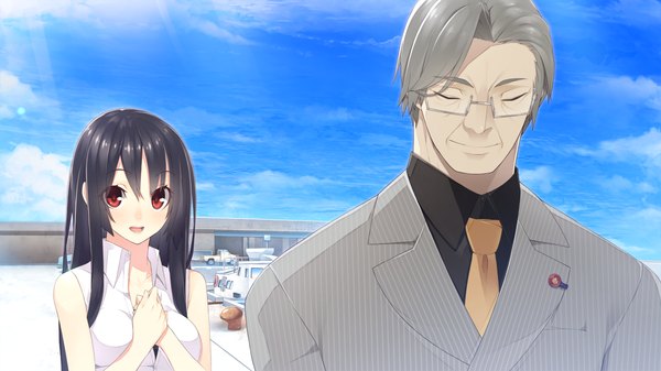 Anime picture 1280x720 with yume ka utsutsu ka matryoshka long hair blush short hair open mouth black hair red eyes wide image game cg sky cloud (clouds) eyes closed grey hair girl boy glasses