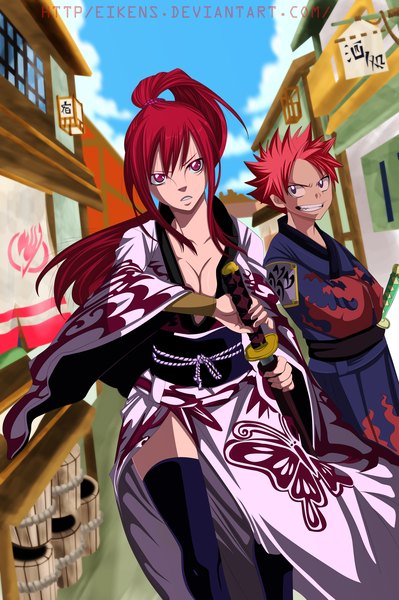 Anime picture 2000x3004 with fairy tail erza scarlet natsu dragneel eikens long hair tall image highres short hair light erotic smile purple eyes pink hair sky cloud (clouds) ponytail red hair japanese clothes pink eyes grin coloring