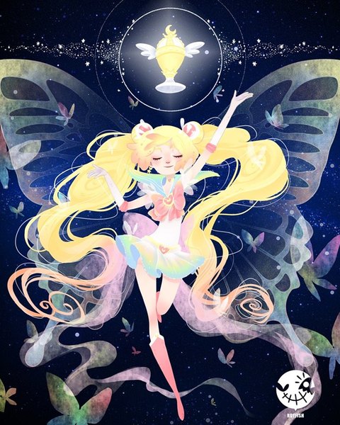Anime picture 768x960 with bishoujo senshi sailor moon toei animation tsukino usagi sailor moon super sailor moon tagme (artist) single long hair tall image blonde hair smile standing twintails bent knee (knees) eyes closed pleated skirt multicolored hair arm up night hair bun (hair buns)