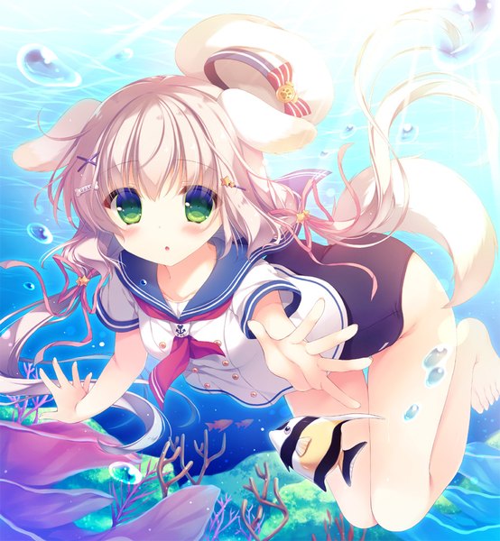 Anime picture 924x1000 with original yukie (peach candy) single long hair tall image looking at viewer blush fringe light erotic blonde hair hair between eyes twintails green eyes animal ears bent knee (knees) ass tail parted lips animal tail barefoot