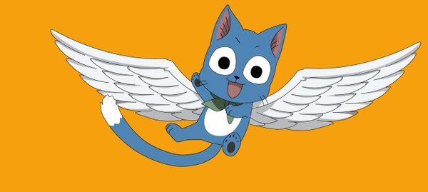 Anime picture 2500x1124 with fairy tail happy (fairy tail) single highres open mouth simple background smile wide image tail black eyes animal wings cat