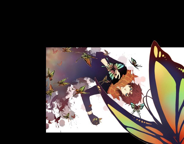Anime picture 1200x942 with unodu single short hair blue eyes simple background smile brown hair white background holding red hair lying light smile tattoo black background boy scarf insect butterfly blood single glove