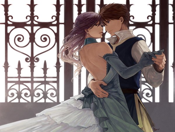 Anime picture 1400x1059 with katsura (+araka) long hair short hair blue eyes brown hair purple hair couple back dancing girl dress boy gloves elbow gloves