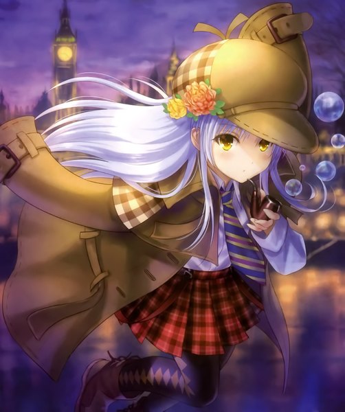 Anime picture 2106x2516 with angel beats! key (studio) tachibana kanade goto p single long hair tall image highres yellow eyes white hair scan official art girl skirt flower (flowers) pantyhose necktie boots bubble (bubbles) coat