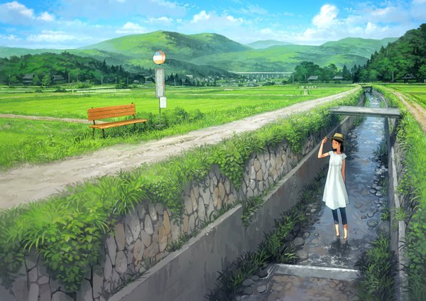 Anime picture 1600x1132 with original yoshida seiji single long hair looking at viewer black hair standing sky cloud (clouds) full body outdoors arm up short sleeves partially submerged landscape arm behind back scenic summer adjusting hat nature