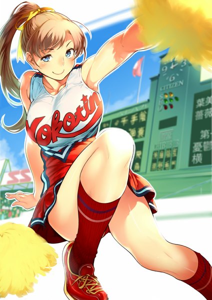 Anime picture 800x1131 with original twinpoo single long hair tall image looking at viewer blush breasts blue eyes smile brown hair large breasts sitting cheerleader girl dress socks shoes short dress sneakers