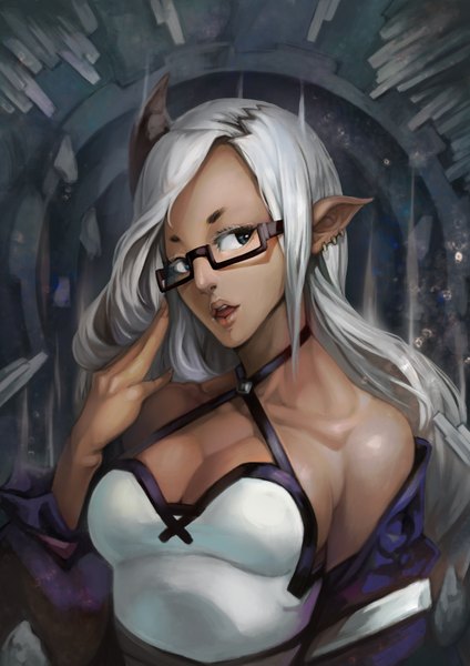 Anime picture 2480x3507 with original iorlvm single long hair tall image highres breasts open mouth blue eyes large breasts bare shoulders looking away white hair horn (horns) pointy ears open clothes open jacket piercing girl glasses