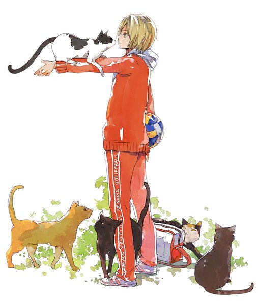 Anime picture 800x946 with haikyuu!! production i.g kozume kenma nuriko-kun (artist) single tall image short hair simple background blonde hair standing white background yellow eyes profile outstretched arm boy uniform animal hood cat bag