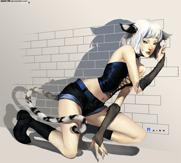 Anime picture 1000x901 with dark134 single fringe short hair signed animal ears white hair tail nail polish animal tail cat ears inscription shadow cat tail grey eyes piercing lacing girl gloves navel