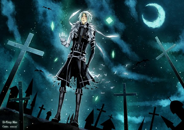 Anime picture 3507x2480 with d.gray-man allen walker single highres short hair blonde hair red eyes absurdres sky silver hair cloud (clouds) white hair wind night night sky scar crescent boy star (stars) cross