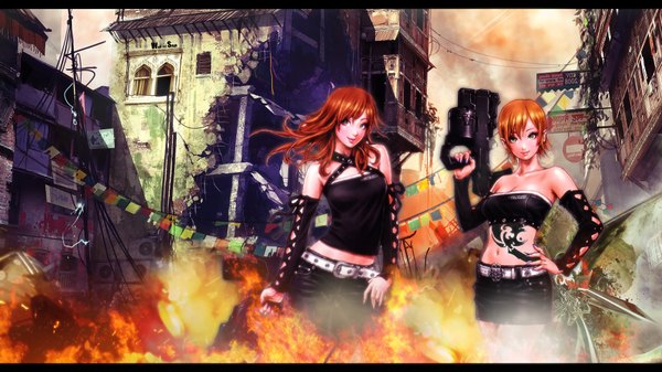 Anime picture 1920x1080 with snyp (r0pyns) long hair highres short hair wide image multiple girls yellow eyes orange hair tattoo hand on hip city ruins destruction girl skirt weapon 2 girls detached sleeves miniskirt belt