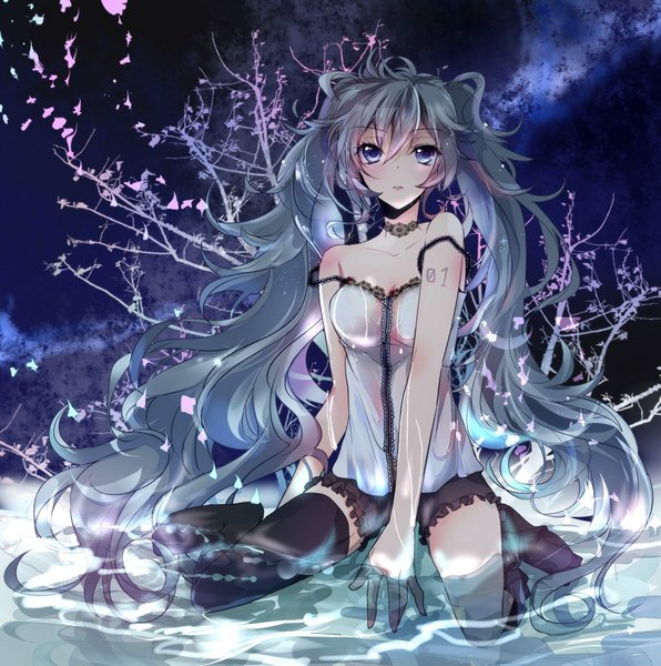 Anime picture 1756x1770 with vocaloid hatsune miku alls single long hair tall image looking at viewer fringe highres breasts blue eyes sitting sky cloud (clouds) aqua hair off shoulder night wet wet clothes girl