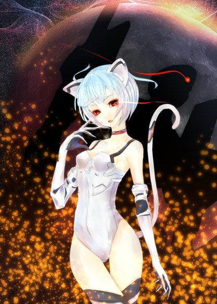 Anime picture 1400x1960 with neon genesis evangelion gainax ayanami rei eva 02 yuna (rutera) single tall image short hair red eyes animal ears blue hair cat ears cat tail glowing glowing eye (eyes) girl gloves elbow gloves planet pilot suit