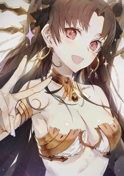 Anime picture 900x1278 with fate (series) fate/grand order ishtar (fate) hxxg single long hair tall image looking at viewer blush breasts open mouth light erotic black hair red eyes bare shoulders cleavage :d bare belly sparkle fang (fangs)