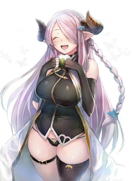 Anime picture 1240x1700 with granblue fantasy narmaya (granblue fantasy) taishi (picchiridou) single long hair tall image blush fringe breasts open mouth light erotic smile large breasts standing white background holding payot pink hair silver hair braid (braids)