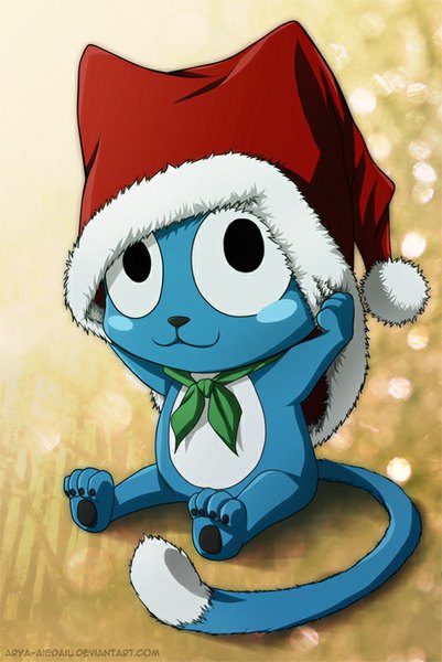 Anime picture 535x800 with fairy tail happy (fairy tail) arya-aiedail single tall image smile sitting black eyes fur trim hat animal fur cat santa claus hat