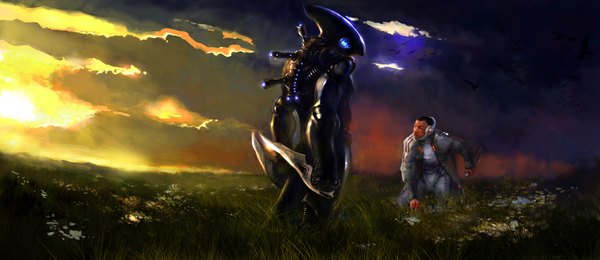 Anime picture 2200x956 with den3221 highres wide image sky cloud (clouds) evening sunset battle field weapon knife alien
