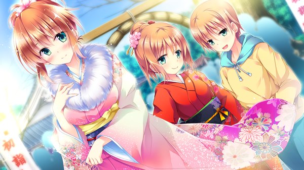 Anime picture 1920x1080 with golden marriage ensemble (studio) tange kasumi blush highres short hair blue eyes blonde hair smile wide image multiple girls green eyes game cg traditional clothes japanese clothes orange hair girl boy hair ornament 2 girls