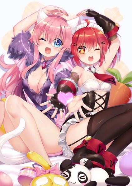 Anime picture 1000x1414 with original vivian (mvv) xiao me mvv long hair tall image blush breasts open mouth blue eyes light erotic red eyes multiple girls animal ears pink hair red hair tail animal tail one eye closed wink