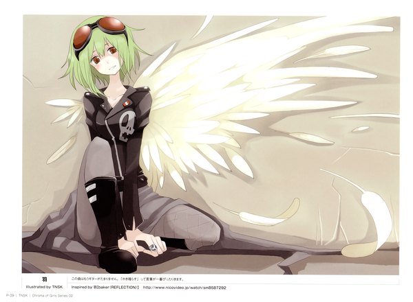 Anime picture 2874x2112 with vocaloid gumi tagme (artist) single highres short hair simple background sitting brown eyes green hair scan grey background angel wings girl wings glasses boots feather (feathers) ring suit