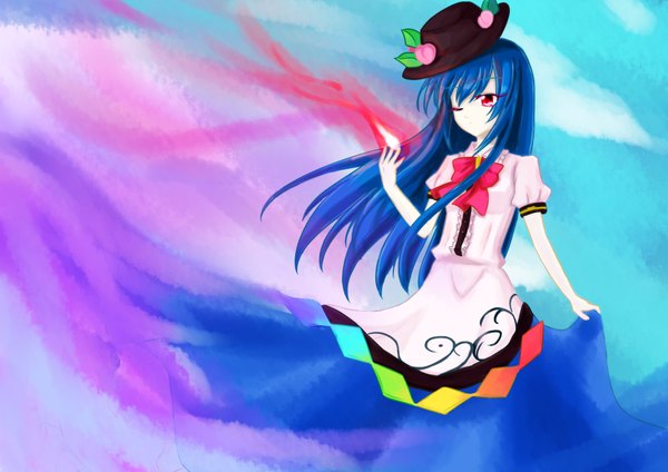 Anime picture 2000x1414 with touhou hinanawi tenshi highres red eyes blue hair sky one eye closed wink girl hat
