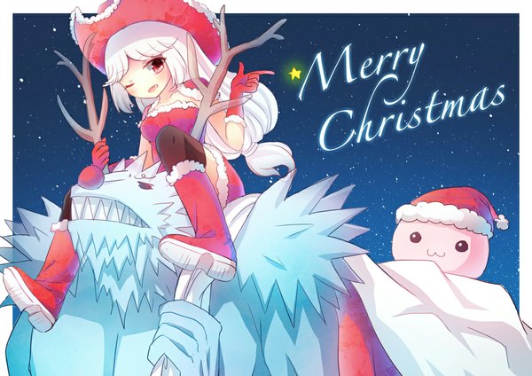 Anime picture 1000x707 with original emia wang long hair blush red eyes white hair one eye closed horn (horns) wink fur trim christmas merry christmas girl thighhighs gloves black thighhighs hat boots fur santa claus hat