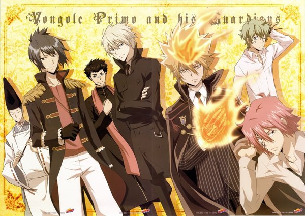 Anime picture 1410x1000 with katekyou hitman reborn vongola primo giotto daemon spade alaude (khr) g (khr) asari ugetsu lampo knuckle (khr) tanaka masayoshi short hair black hair blonde hair pink hair eyes closed traditional clothes japanese clothes one eye closed green hair wink tattoo